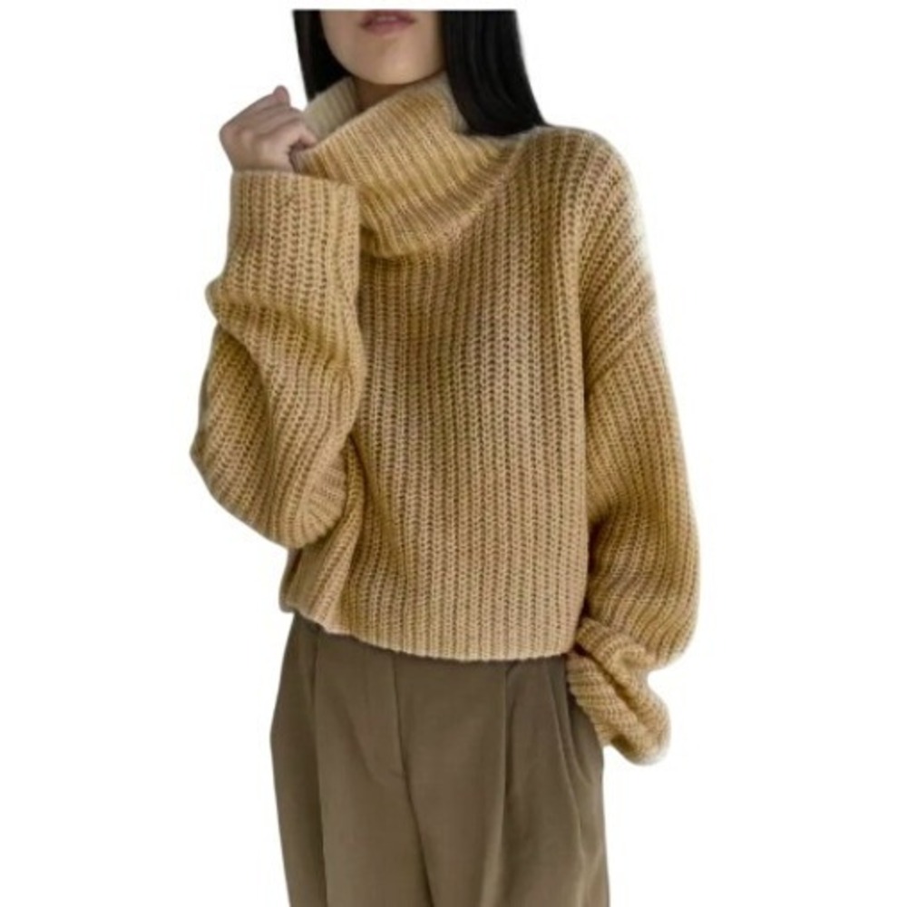OAK + FORT Knit Camel Brown Ribbed High Neck‎ Turtleneck Cropped Sweater sz S